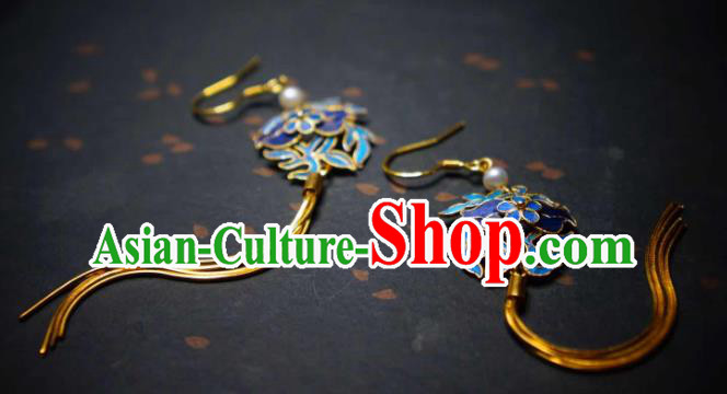 Handmade Chinese Cheongsam Blueing Ear Accessories Traditional Culture Jewelry Golden Long Tassel Earrings Handmade Chinese Cheongsam Blueing Ear Accessories Traditional Culture Jewelry Golden Long Tassel Earrings
