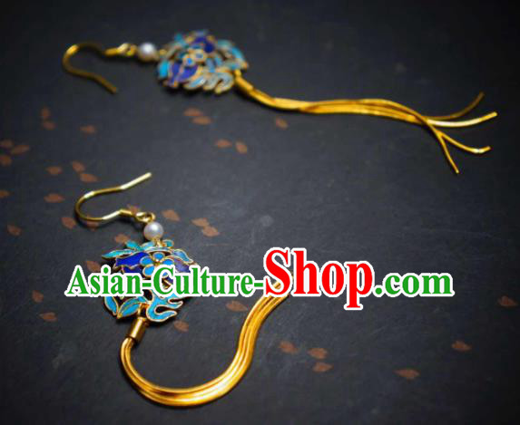 Handmade Chinese Cheongsam Blueing Ear Accessories Traditional Culture Jewelry Golden Long Tassel Earrings Handmade Chinese Cheongsam Blueing Ear Accessories Traditional Culture Jewelry Golden Long Tassel Earrings