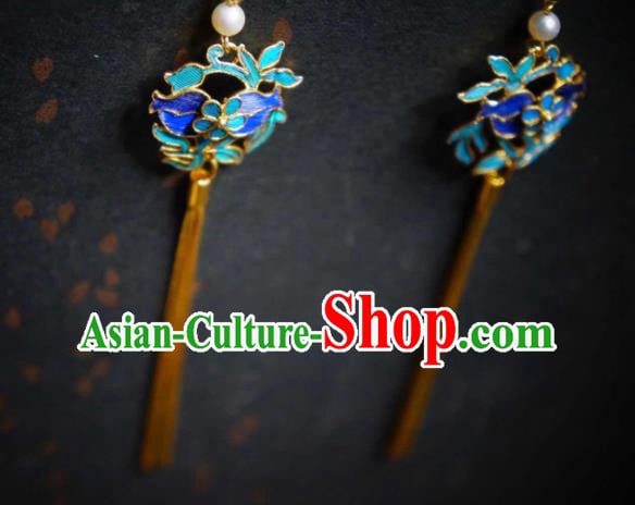 Handmade Chinese Cheongsam Blueing Ear Accessories Traditional Culture Jewelry Golden Long Tassel Earrings Handmade Chinese Cheongsam Blueing Ear Accessories Traditional Culture Jewelry Golden Long Tassel Earrings