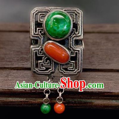 Chinese Handmade Silver Ring National Jadeite Agate Circlet Jewelry