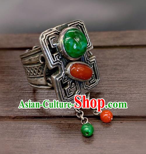 Chinese Handmade Silver Ring National Jadeite Agate Circlet Jewelry Chinese Handmade Silver Ring National Jadeite Agate Circlet Jewelry