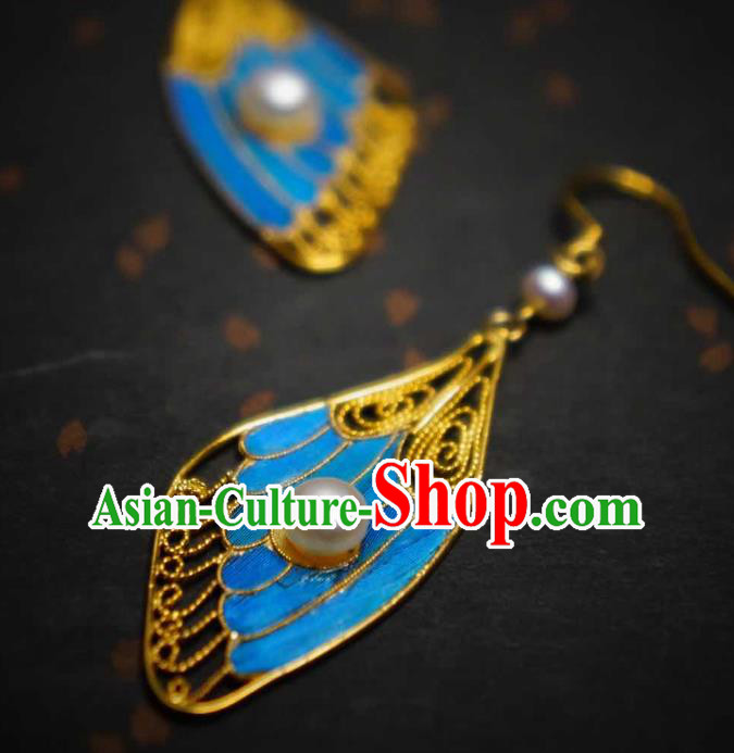 Handmade Chinese Blueing Wing Earrings Traditional Culture Jewelry Cheongsam Pearls Ear Accessories Handmade Chinese Blueing Wing Earrings Traditional Culture Jewelry Cheongsam Pearls Ear Accessories