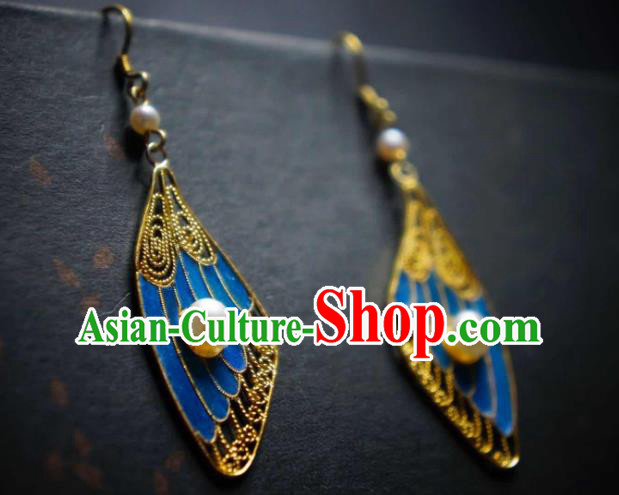 Handmade Chinese Blueing Wing Earrings Traditional Culture Jewelry Cheongsam Pearls Ear Accessories Handmade Chinese Blueing Wing Earrings Traditional Culture Jewelry Cheongsam Pearls Ear Accessories