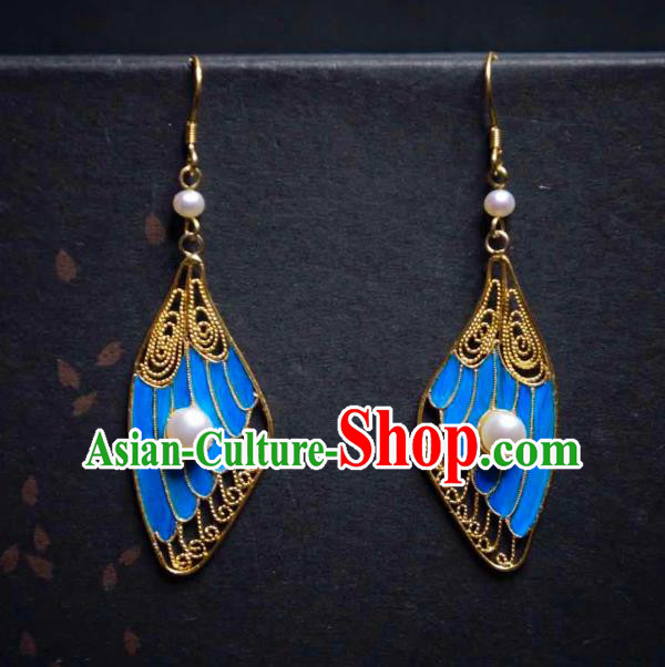 Handmade Chinese Blueing Wing Earrings Traditional Culture Jewelry Cheongsam Pearls Ear Accessories Handmade Chinese Blueing Wing Earrings Traditional Culture Jewelry Cheongsam Pearls Ear Accessories