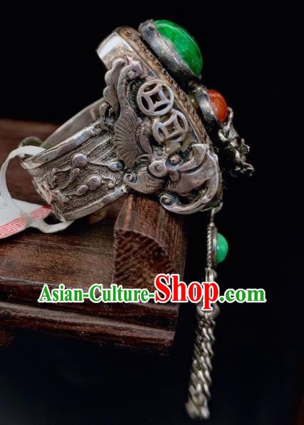 Chinese Handmade Silver Tassel Ring National Jadeite Jewelry Circlet Chinese Handmade Silver Tassel Ring National Jadeite Jewelry Circlet