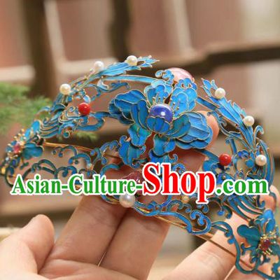 Chinese Handmade Blueing Peony Hairpin Traditional Hair Jewelry Ancient Qing Dynasty Empress Hair Crown