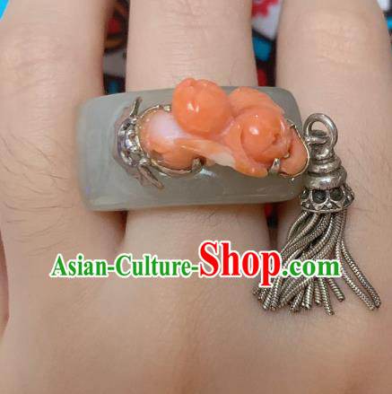 Chinese Handmade Hetian Jade Ring National Agate Jewelry Silver Tassel Circlet Chinese Handmade Hetian Jade Ring National Agate Jewelry Silver Tassel Circlet