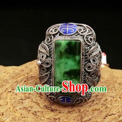 Chinese Handmade Blueing Silver Ring National Jewelry Jadeite Circlet