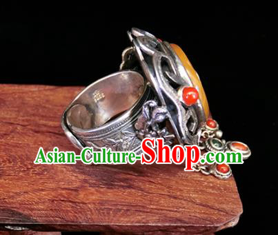 Chinese Handmade Silver Tassel Finger Ring National Jewelry Beeswax Circlet