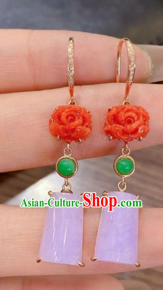 China Classical Pink Jade Earrings Traditional Handmade Agate Carving Peony Ear Accessories China Classical Pink Jade Earrings Traditional Handmade Agate Carving Peony Ear Accessories
