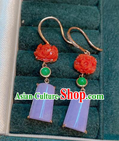 China Classical Pink Jade Earrings Traditional Handmade Agate Carving Peony Ear Accessories China Classical Pink Jade Earrings Traditional Handmade Agate Carving Peony Ear Accessories