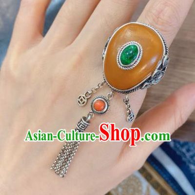 Chinese National Jewelry Beeswax Circlet Handmade Silver Tassel Finger Ring