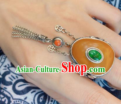 Chinese National Jewelry Beeswax Circlet Handmade Silver Tassel Finger Ring Chinese National Jewelry Beeswax Circlet Handmade Silver Tassel Finger Ring