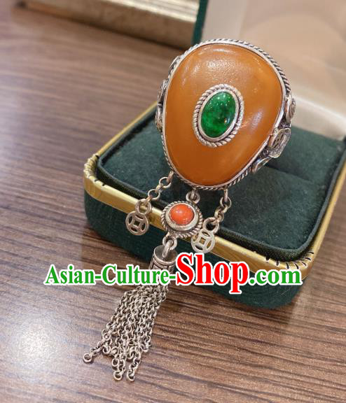 Chinese National Jewelry Beeswax Circlet Handmade Silver Tassel Finger Ring Chinese National Jewelry Beeswax Circlet Handmade Silver Tassel Finger Ring