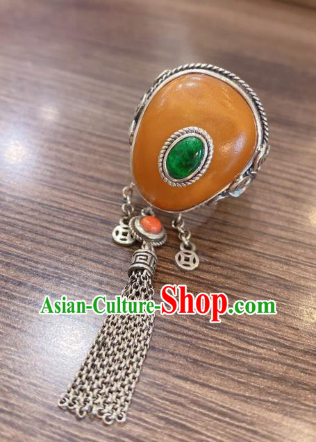 Chinese National Jewelry Beeswax Circlet Handmade Silver Tassel Finger Ring Chinese National Jewelry Beeswax Circlet Handmade Silver Tassel Finger Ring