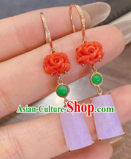China Classical Pink Jade Earrings Traditional Handmade Agate Carving Peony Ear Accessories China Classical Pink Jade Earrings Traditional Handmade Agate Carving Peony Ear Accessories
