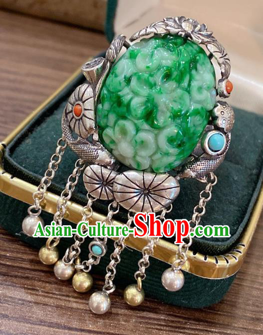 Chinese National Jewelry Jadeite Carving Plum Circlet Handmade Silver Tassel Finger Ring Chinese National Jewelry Jadeite Carving Plum Circlet Handmade Silver Tassel Finger Ring