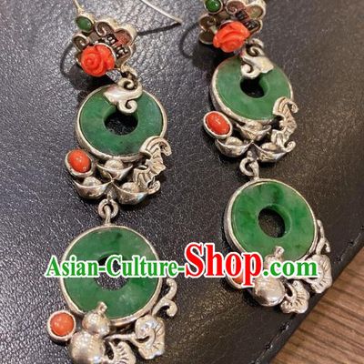 China Classical Agate Rose Earrings Traditional Handmade Jadeite Peace Buckle Ear Accessories