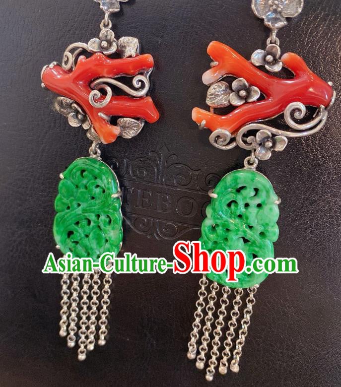 China Classical Red Branch Earrings Traditional Handmade Jade Carving Silver Tassel Ear Accessories China Classical Red Branch Earrings Traditional Handmade Jade Carving Silver Tassel Ear Accessories