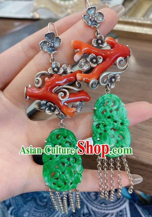China Classical Red Branch Earrings Traditional Handmade Jade Carving Silver Tassel Ear Accessories China Classical Red Branch Earrings Traditional Handmade Jade Carving Silver Tassel Ear Accessories