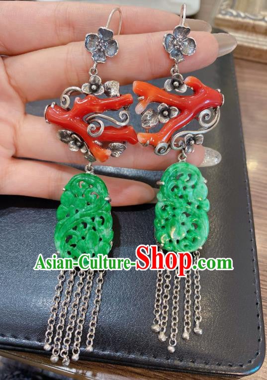 China Classical Red Branch Earrings Traditional Handmade Jade Carving Silver Tassel Ear Accessories China Classical Red Branch Earrings Traditional Handmade Jade Carving Silver Tassel Ear Accessories