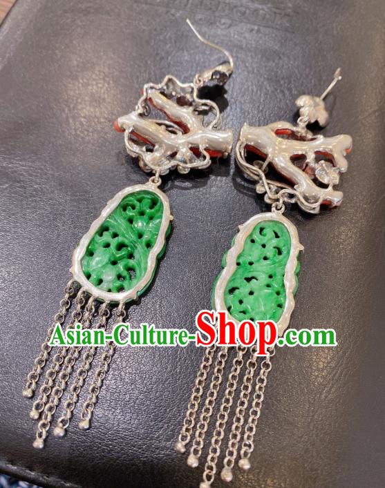 China Classical Red Branch Earrings Traditional Handmade Jade Carving Silver Tassel Ear Accessories China Classical Red Branch Earrings Traditional Handmade Jade Carving Silver Tassel Ear Accessories