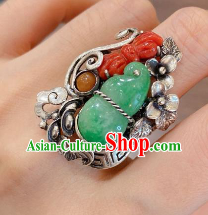 Chinese National Silver Jewelry Jadeite Gourd Circlet Handmade Agate Butterfly Finger Ring Chinese National Silver Jewelry Jadeite Gourd Circlet Handmade Agate Butterfly Finger Ring