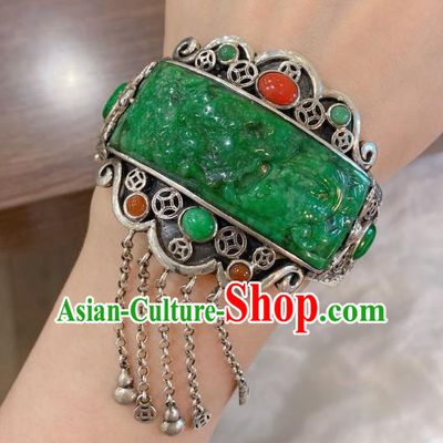 Handmade Chinese Traditional Silver Tassel Bangle Accessories National Jadeite Bracelet