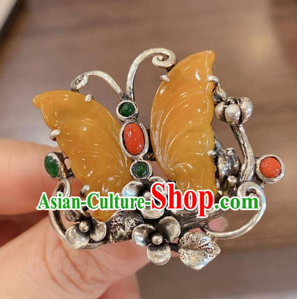 Chinese Handmade Circlet Agate Butterfly Finger Ring National Silver Jewelry Chinese Handmade Circlet Agate Butterfly Finger Ring National Silver Jewelry