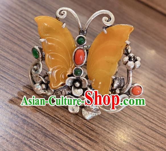 Chinese Handmade Circlet Agate Butterfly Finger Ring National Silver Jewelry Chinese Handmade Circlet Agate Butterfly Finger Ring National Silver Jewelry