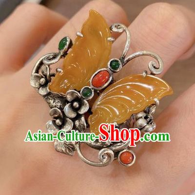 Chinese Handmade Circlet Agate Butterfly Finger Ring National Silver Jewelry