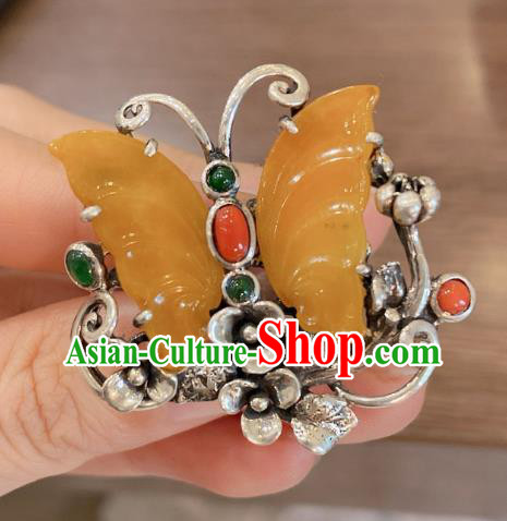 Chinese Handmade Circlet Agate Butterfly Finger Ring National Silver Jewelry Chinese Handmade Circlet Agate Butterfly Finger Ring National Silver Jewelry