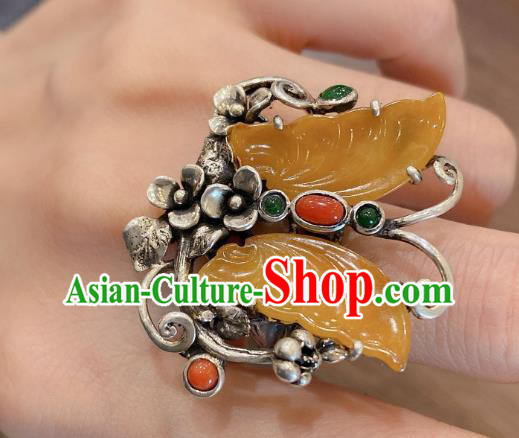 Chinese Handmade Circlet Agate Butterfly Finger Ring National Silver Jewelry Chinese Handmade Circlet Agate Butterfly Finger Ring National Silver Jewelry