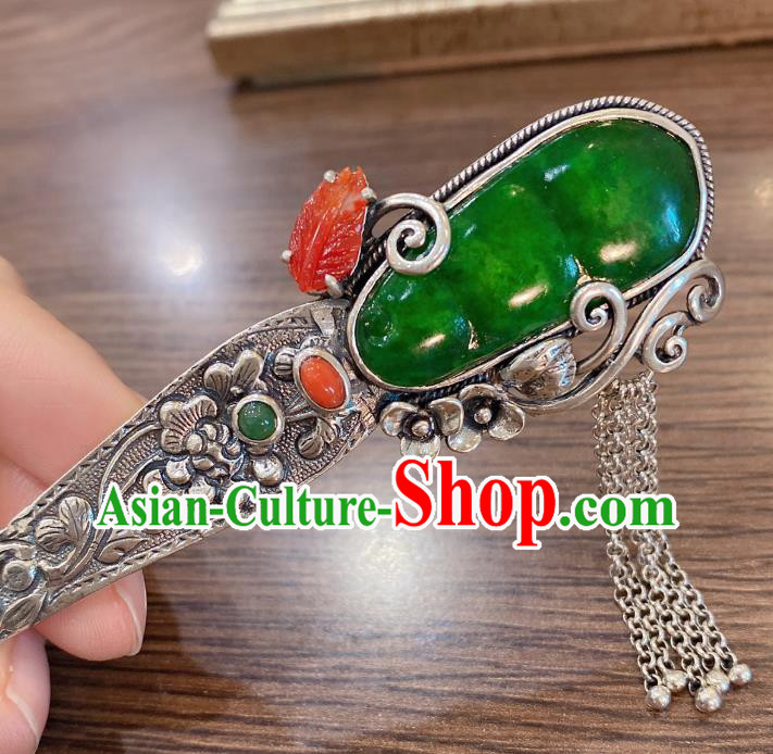 China Classical Silver Hair Stick Traditional Handmade Hairpin Jadeite Hair Accessories China Classical Silver Hair Stick Traditional Handmade Hairpin Jadeite Hair Accessories