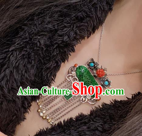 Handmade Chinese Traditional Agate Peony Necklace Accessories National Silver Tassel Jade Necklet Pendant Handmade Chinese Traditional Agate Peony Necklace Accessories National Silver Tassel Jade Necklet Pendant
