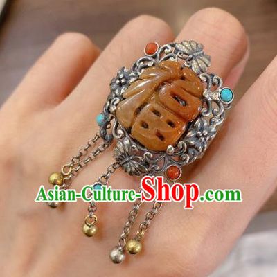 Chinese Handmade National Silver Circlet Wedding Jewelry Jadeite Finger Ring