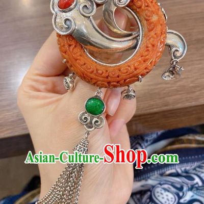 Handmade Chinese Traditional Silver Tassel Necklace Accessories National Jade Carving Necklet Pendant