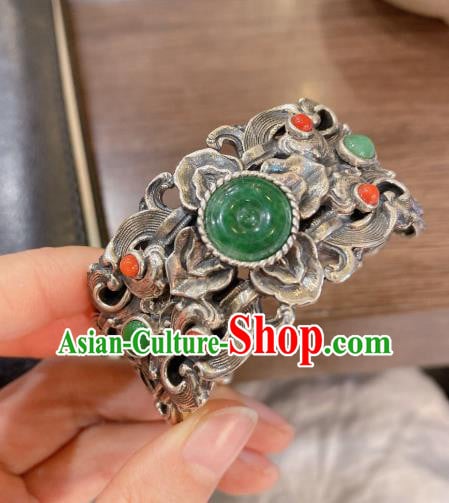 Handmade Chinese National Silver Carving Bangle Traditional Jadeite Accessories Bracelet Handmade Chinese National Silver Carving Bangle Traditional Jadeite Accessories Bracelet