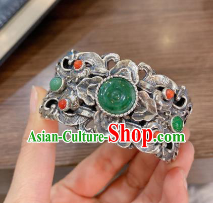 Handmade Chinese National Silver Carving Bangle Traditional Jadeite Accessories Bracelet Handmade Chinese National Silver Carving Bangle Traditional Jadeite Accessories Bracelet