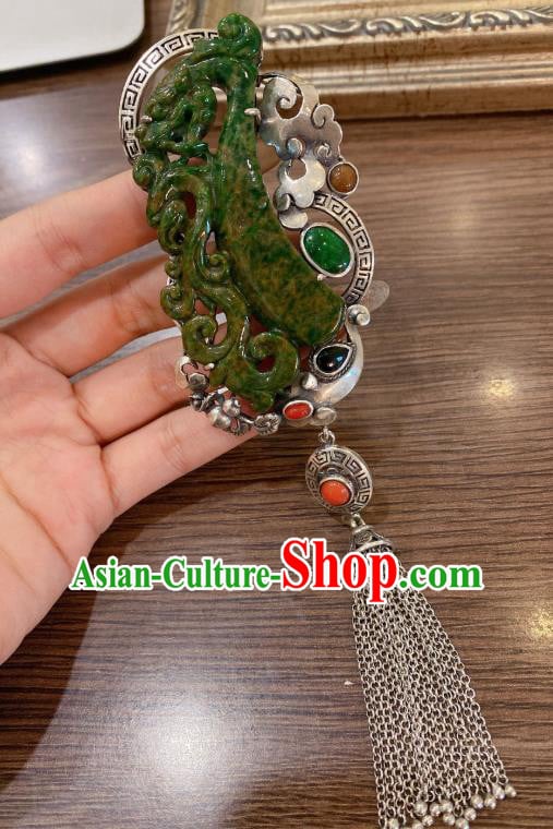 Handmade Chinese Traditional Silver Tassel Necklet Accessories National Jadeite Necklace Pendant Handmade Chinese Traditional Silver Tassel Necklet Accessories National Jadeite Necklace Pendant