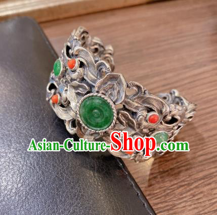Handmade Chinese National Silver Carving Bangle Traditional Jadeite Accessories Bracelet Handmade Chinese National Silver Carving Bangle Traditional Jadeite Accessories Bracelet