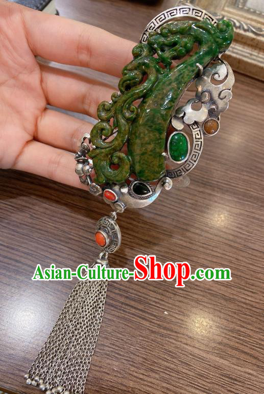 Handmade Chinese Traditional Silver Tassel Necklet Accessories National Jadeite Necklace Pendant Handmade Chinese Traditional Silver Tassel Necklet Accessories National Jadeite Necklace Pendant