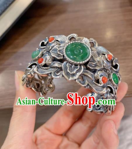 Handmade Chinese National Silver Carving Bangle Traditional Jadeite Accessories Bracelet Handmade Chinese National Silver Carving Bangle Traditional Jadeite Accessories Bracelet