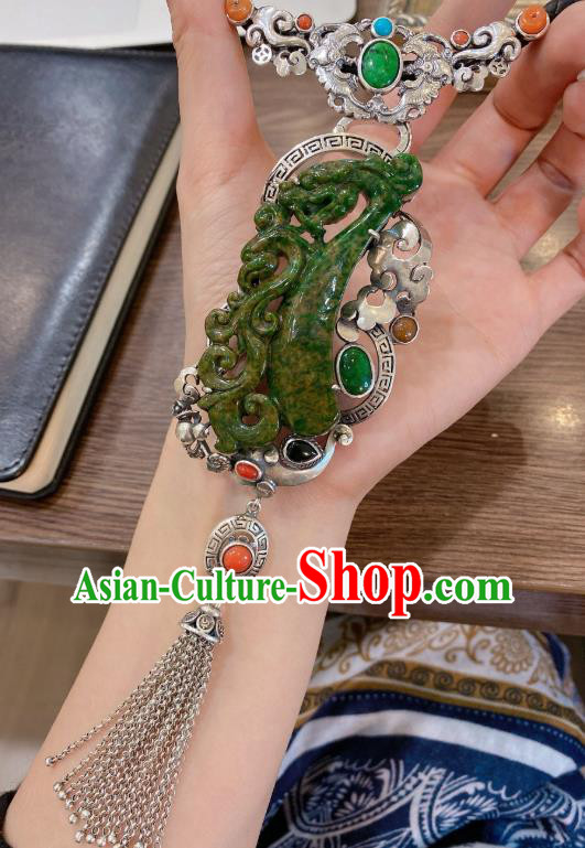 Handmade Chinese Traditional Silver Tassel Necklet Accessories National Jadeite Necklace Pendant Handmade Chinese Traditional Silver Tassel Necklet Accessories National Jadeite Necklace Pendant