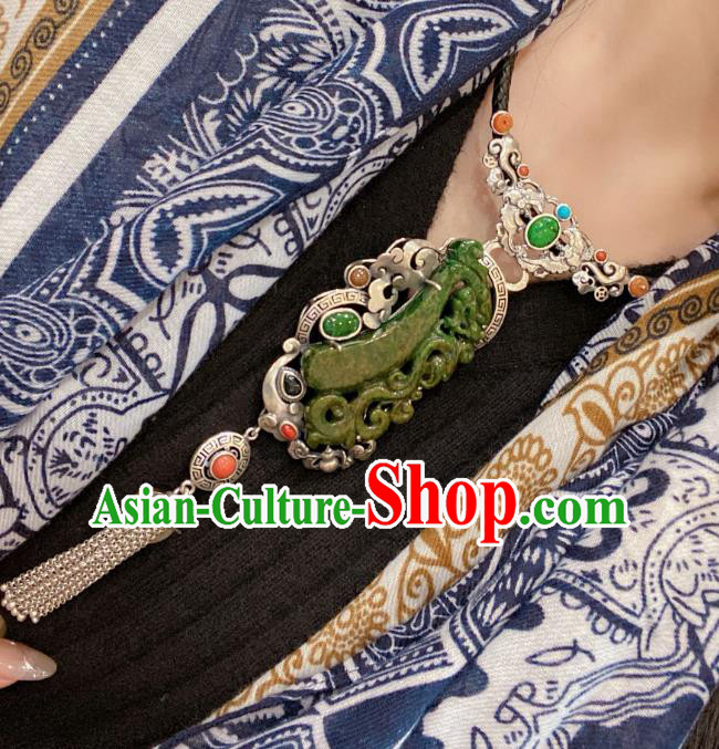Handmade Chinese Traditional Silver Tassel Necklet Accessories National Jadeite Necklace Pendant Handmade Chinese Traditional Silver Tassel Necklet Accessories National Jadeite Necklace Pendant