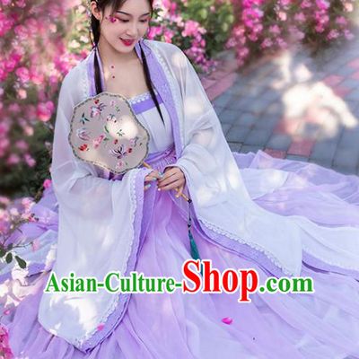 China Traditional Ming Dynasty Young Lady Historical Clothing Ancient Goddess Lilac Hanfu Dress for Women