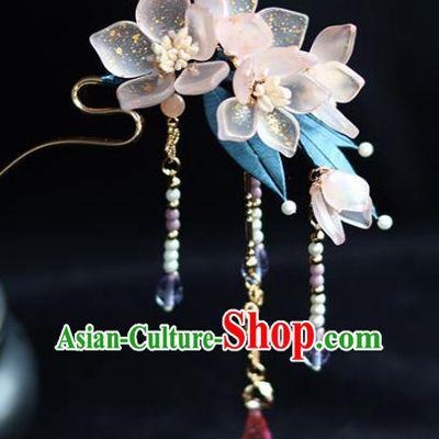 China Traditional Ming Dynasty Tassel Hairpin Classical Pink Flowers Hair Stick