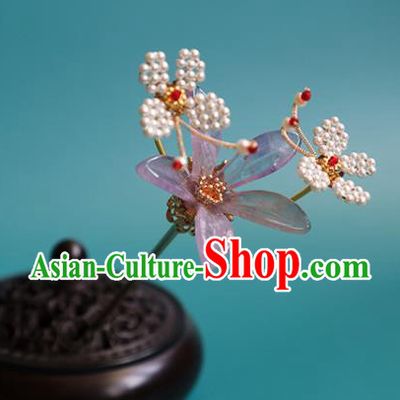 China Traditional Ming Dynasty Princess Lilac Flower Hairpin Classical Hanfu Beads Butterfly Hair Stick