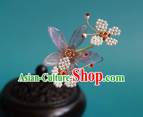 China Traditional Ming Dynasty Princess Lilac Flower Hairpin Classical Hanfu Beads Butterfly Hair Stick China Traditional Ming Dynasty Princess Lilac Flower Hairpin Classical Hanfu Beads Butterfly Hair Stick