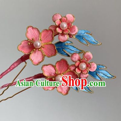 China Classical Velvet Hairpin Traditional Qing Dynasty Pink Plum Hair Stick